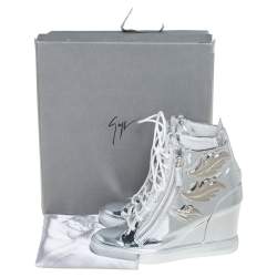 Pre Owned Giuseppe Zanotti Metallic Silver Leather Wings Double Zip Wedge Sneakers Size 40