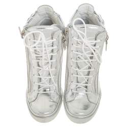 Pre Owned Giuseppe Zanotti Metallic Silver Leather Wings Double Zip Wedge Sneakers Size 40