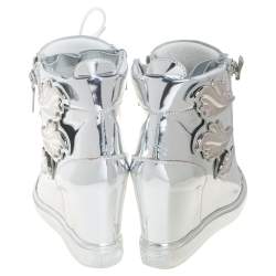 Pre Owned Giuseppe Zanotti Metallic Silver Leather Wings Double Zip Wedge Sneakers Size 40