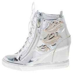 Pre Owned Giuseppe Zanotti Metallic Silver Leather Wings Double Zip Wedge Sneakers Size 40