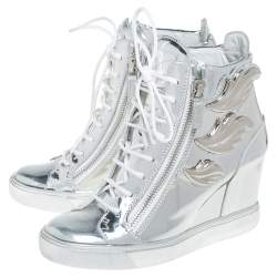 Pre Owned Giuseppe Zanotti Metallic Silver Leather Wings Double Zip Wedge Sneakers Size 40