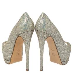 Giuseppe Zanotti Silver Glitter And Leather Sharon Peep Toe Platform Pumps Size 40