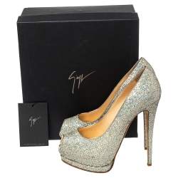 Giuseppe Zanotti Silver Glitter And Leather Sharon Peep Toe Platform Pumps Size 40