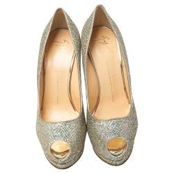 Giuseppe Zanotti Silver Glitter And Leather Sharon Peep Toe Platform Pumps Size 40