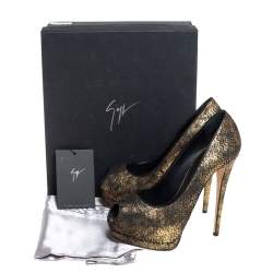 Pre Owned Giuseppe Zanotti Gold/Black Python Embossed Leather Peep Toe Platform Pumps Size 38.5