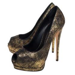 Pre Owned Giuseppe Zanotti Gold/Black Python Embossed Leather Peep Toe Platform Pumps Size 38.5