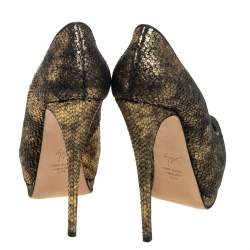 Pre Owned Giuseppe Zanotti Gold/Black Python Embossed Leather Peep Toe Platform Pumps Size 38.5