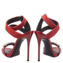 Pre Owned Giuseppe Zanotti Red Suede And Patent Leather Embellished Sandals Size 36