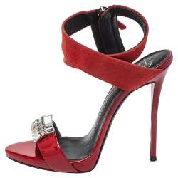 Pre Owned Giuseppe Zanotti Red Suede And Patent Leather Embellished Sandals Size 36