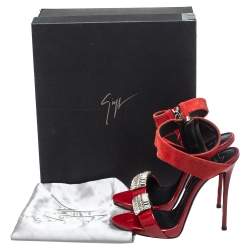 Pre Owned Giuseppe Zanotti Red Suede And Patent Leather Embellished Sandals Size 36
