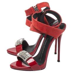 Pre Owned Giuseppe Zanotti Red Suede And Patent Leather Embellished Sandals Size 36