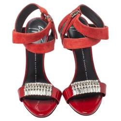 Pre Owned Giuseppe Zanotti Red Suede And Patent Leather Embellished Sandals Size 36