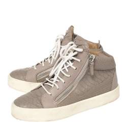 Pre Owned Giuseppe Zanotti Grey/Lilac Python Embossed Leather Double Zip High Top Sneakers Size 38