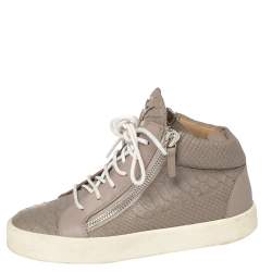 Pre Owned Giuseppe Zanotti Grey/Lilac Python Embossed Leather Double Zip High Top Sneakers Size 38