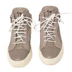 Pre Owned Giuseppe Zanotti Grey/Lilac Python Embossed Leather Double Zip High Top Sneakers Size 38