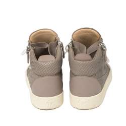 Pre Owned Giuseppe Zanotti Grey/Lilac Python Embossed Leather Double Zip High Top Sneakers Size 38