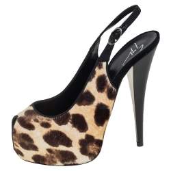 Pre Owned Giuseppe Zanotti Beige Leopard Print Pony Hair Slingback Peep Toe Pump Size 36.5