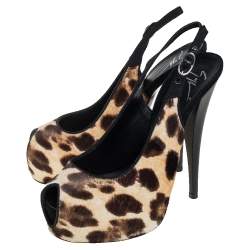 Pre Owned Giuseppe Zanotti Beige Leopard Print Pony Hair Slingback Peep Toe Pump Size 36.5