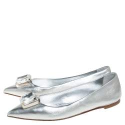 Pre Owned Giuseppe Zanotti Silver Leather Crystal Embellished Ballet Flats Size 40.5