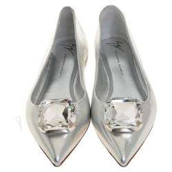 Pre Owned Giuseppe Zanotti Silver Leather Crystal Embellished Ballet Flats Size 40.5