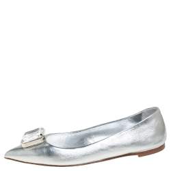 Pre Owned Giuseppe Zanotti Silver Leather Crystal Embellished Ballet Flats Size 40.5