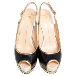 Pre Owned Giuseppe Zanotti Black/Gold Croc Embossed Leather Peep Toe Platform Slingback Sandals Size 38