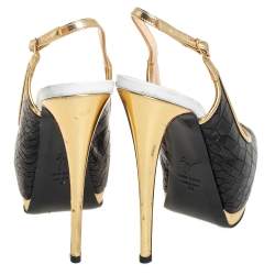 Pre Owned Giuseppe Zanotti Black/Gold Croc Embossed Leather Peep Toe Platform Slingback Sandals Size 38