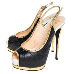 Pre Owned Giuseppe Zanotti Black/Gold Croc Embossed Leather Peep Toe Platform Slingback Sandals Size 38