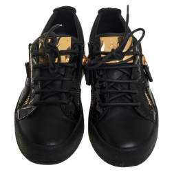 Pre Owned Giuseppe Zanotti Black Leather And Patent Leather Double Zipper May London Low Top Sneakers Size 38.5