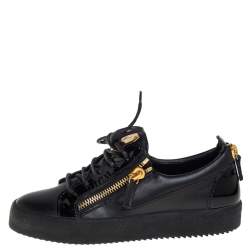 Pre Owned Giuseppe Zanotti Black Leather And Patent Leather Double Zipper May London Low Top Sneakers Size 38.5