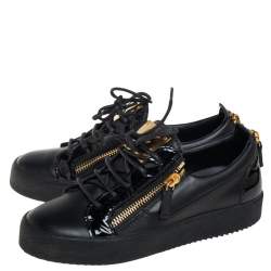 Pre Owned Giuseppe Zanotti Black Leather And Patent Leather Double Zipper May London Low Top Sneakers Size 38.5