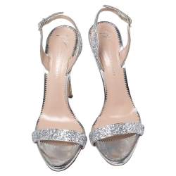 Pre Owned Giuseppe Zanotti Silver Glitter Open Toe Slingback Sandals Size 39.5