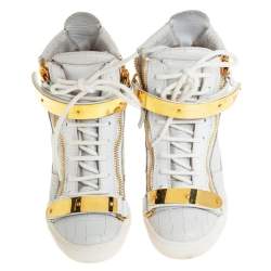 Pre Owned Giuseppe Zanotti White Croc Embossed Leather High Top Wedge Sneakers Size 37