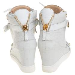 Pre Owned Giuseppe Zanotti White Croc Embossed Leather High Top Wedge Sneakers Size 37