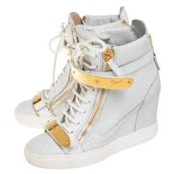 Pre Owned Giuseppe Zanotti White Croc Embossed Leather High Top Wedge Sneakers Size 37