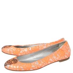 Pre Owned Giuseppe Zanotti Silver/Orange Lace Crystal Skull Ballet Flats Size 39