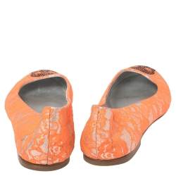 Pre Owned Giuseppe Zanotti Silver/Orange Lace Crystal Skull Ballet Flats Size 39