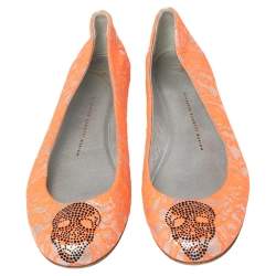 Pre Owned Giuseppe Zanotti Silver/Orange Lace Crystal Skull Ballet Flats Size 39