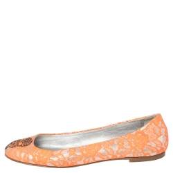 Pre Owned Giuseppe Zanotti Silver/Orange Lace Crystal Skull Ballet Flats Size 39