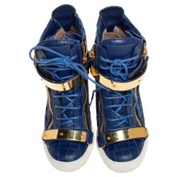 Giuseppe Zanotti Blue Croc Embossed Leather Lorenz Wedge High Top Sneakers Size 40