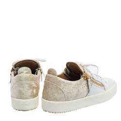 Pre Owned Giuseppe Zanotti White/Cream Velvet And Leather Frankie Low Top Sneakers Size 36