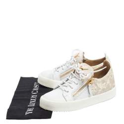 Pre Owned Giuseppe Zanotti White/Cream Velvet And Leather Frankie Low Top Sneakers Size 36