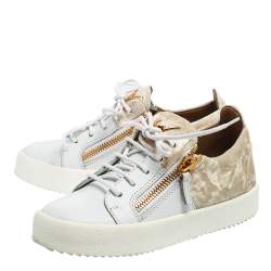 Pre Owned Giuseppe Zanotti White/Cream Velvet And Leather Frankie Low Top Sneakers Size 36