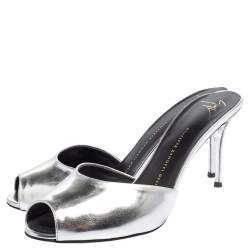 Pre Owned Giuseppe Zanotti Silver Leather Peep Toe Slide Sandals Size 40