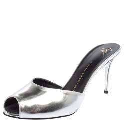 Pre Owned Giuseppe Zanotti Silver Leather Peep Toe Slide Sandals Size 40