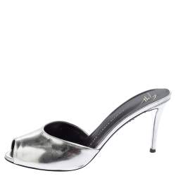 Pre Owned Giuseppe Zanotti Silver Leather Peep Toe Slide Sandals Size 40