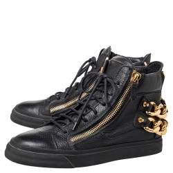 Pre Owned Giuseppe Zanotti Black Leather Chain Embellished Low Top Sneakers Size 38