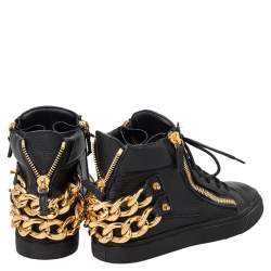 Pre Owned Giuseppe Zanotti Black Leather Chain Embellished Low Top Sneakers Size 38