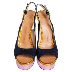 Pre Owned Giuseppe Zanotti Multicolor Suede And Leather Peep Toe Platform Slingback Sandals Size 38.5