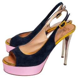 Pre Owned Giuseppe Zanotti Multicolor Suede And Leather Peep Toe Platform Slingback Sandals Size 38.5